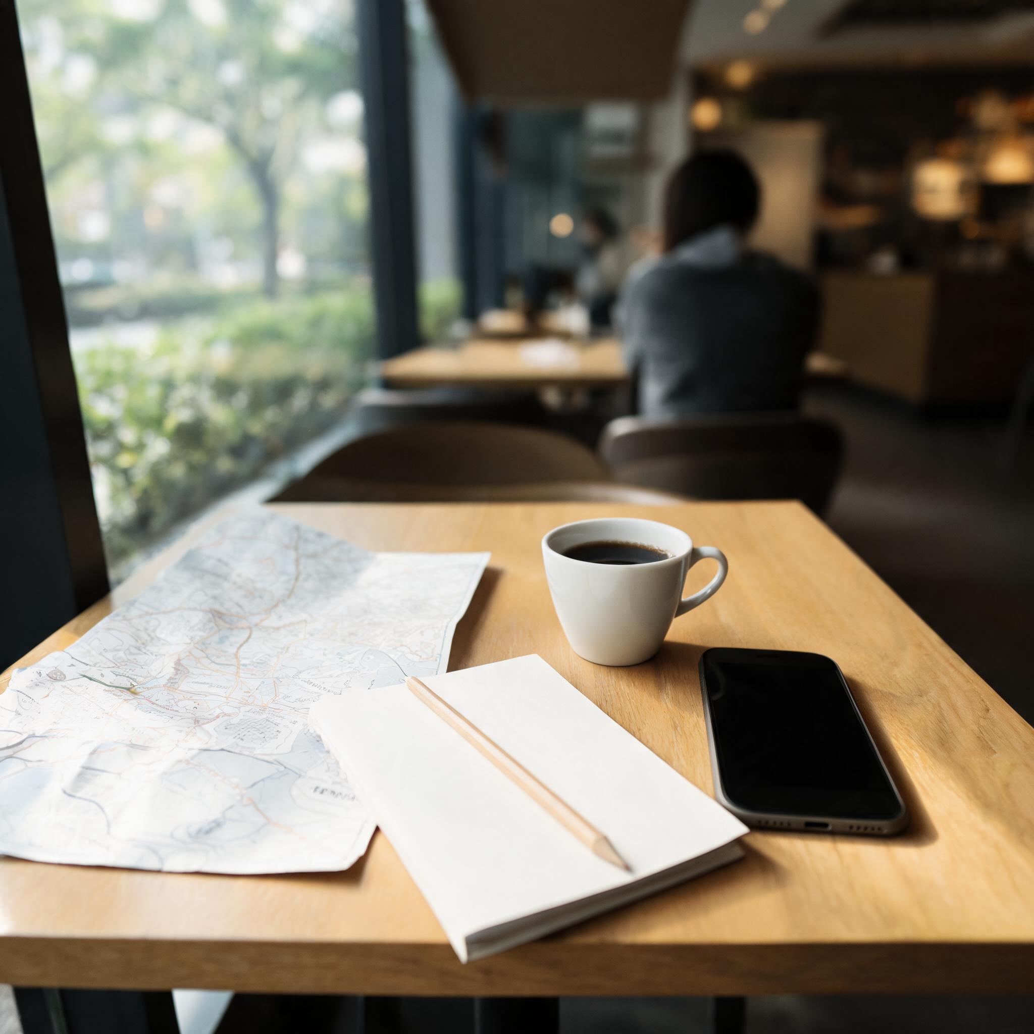 A phone, notebook and route notes on a café table