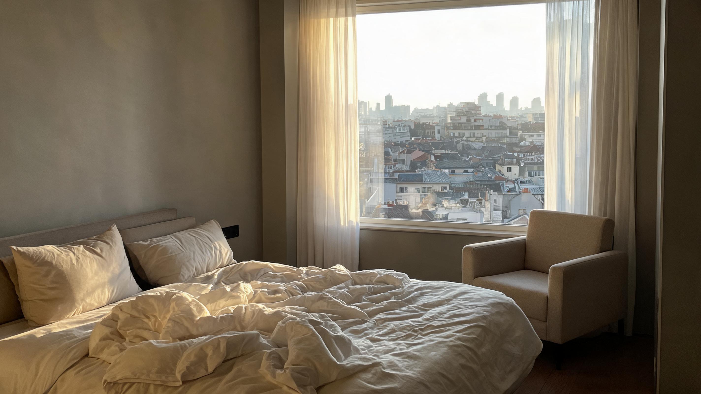 A calm unbranded city hotel room with a London-like skyline beyond the window