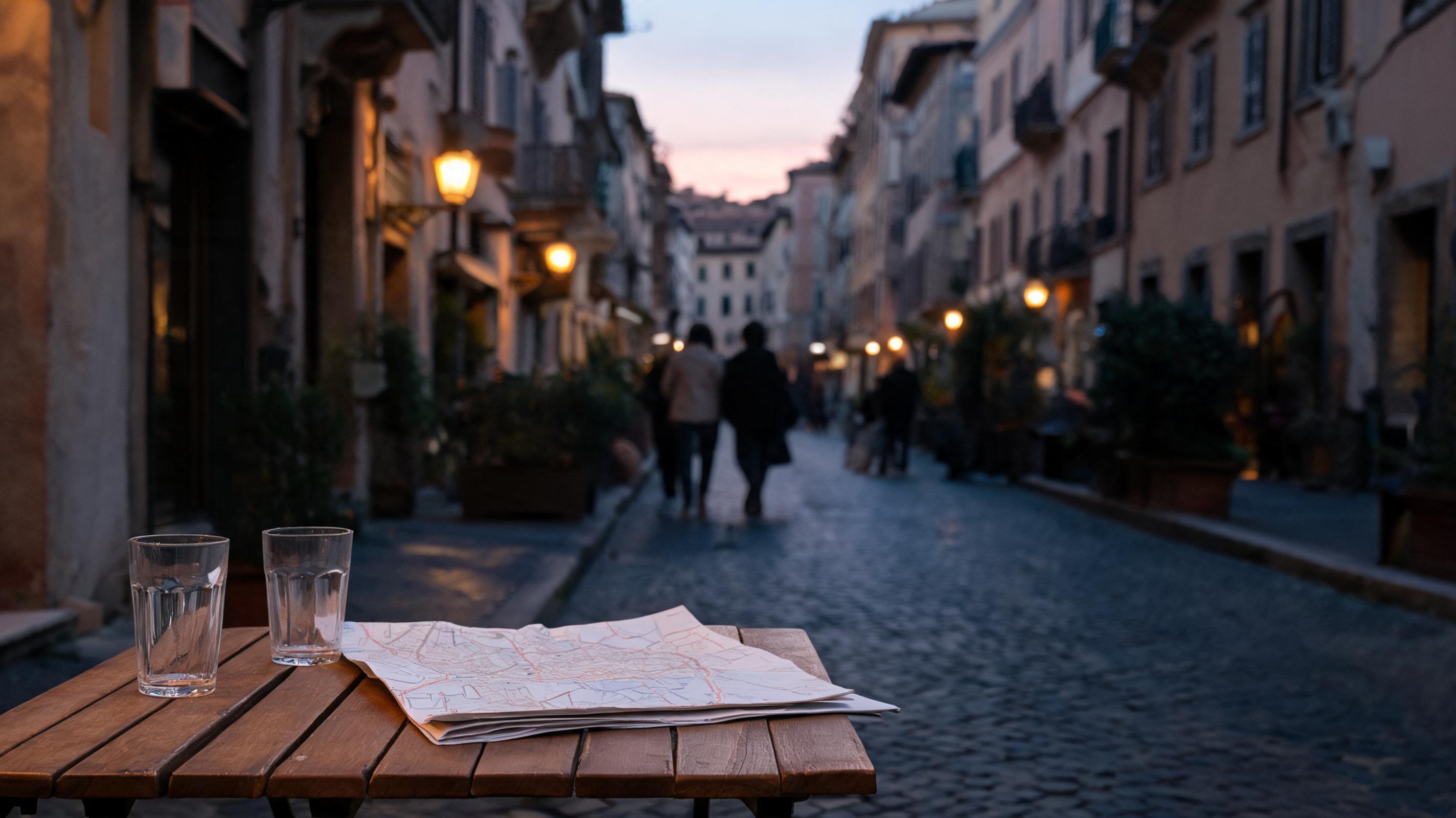 Outdoor cafe tables on a narrow Roman street at dusk