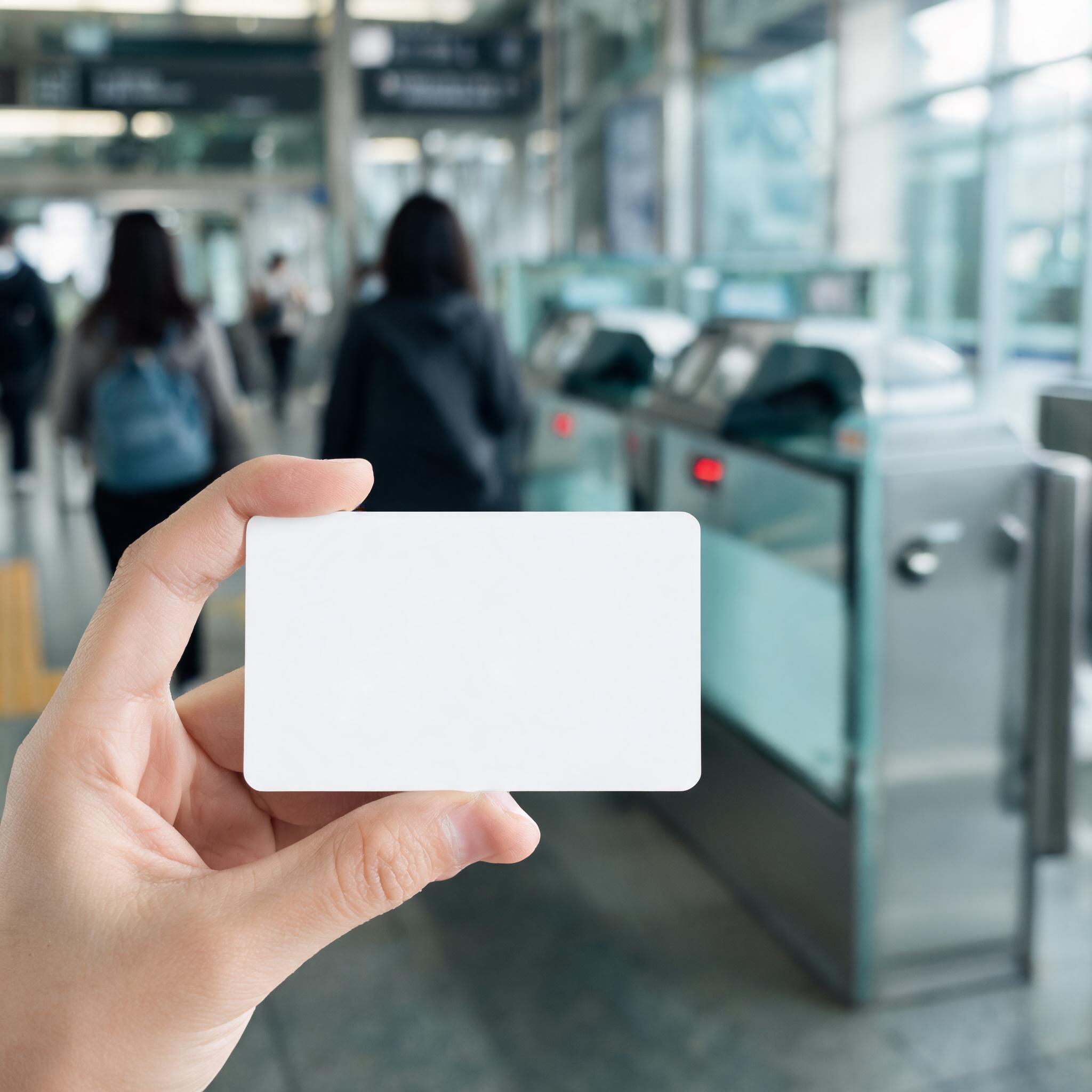 A hand holding a generic transit card near an unbranded station gate