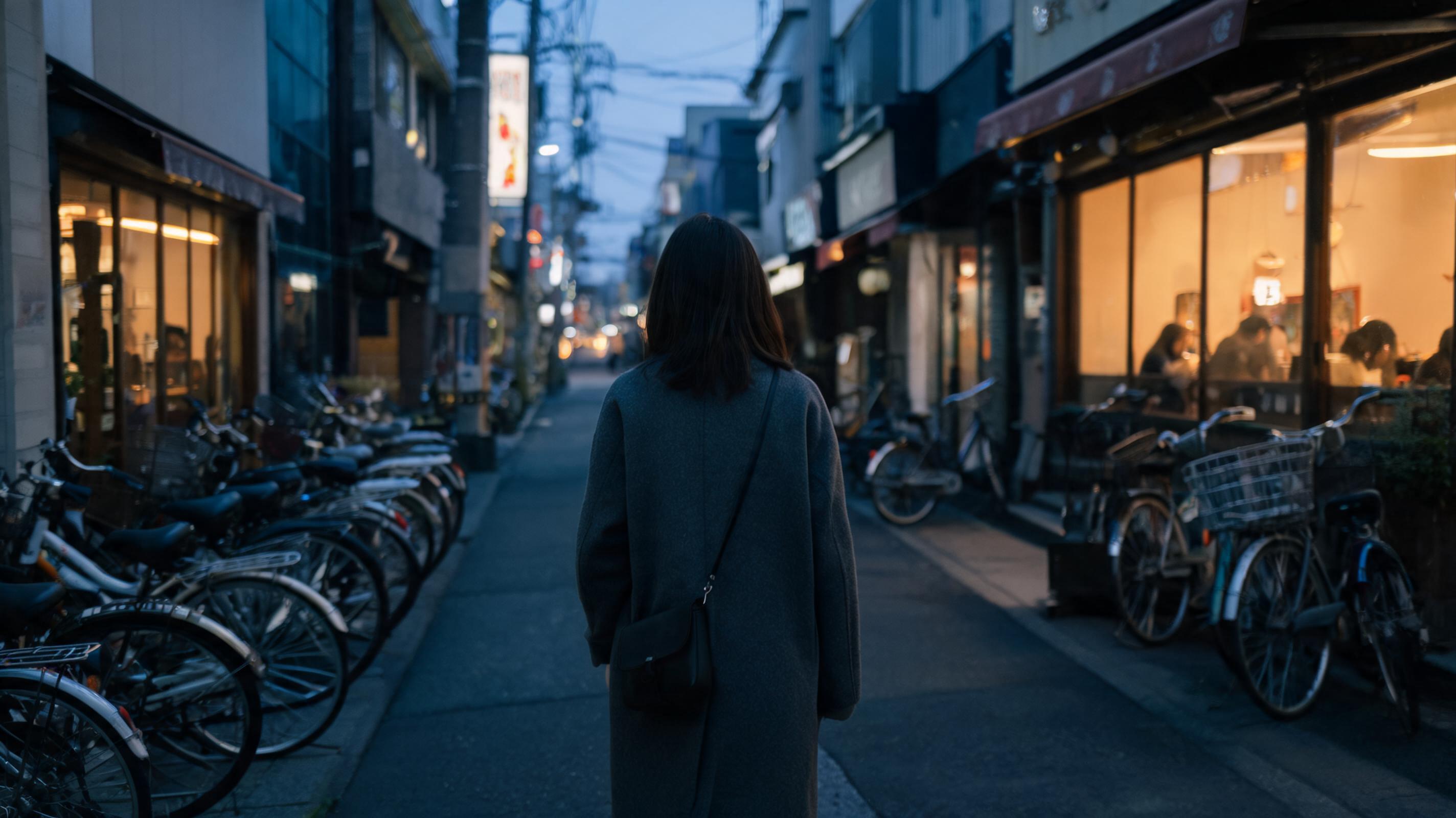 A traveller seen from behind on a Tokyo side street at dusk