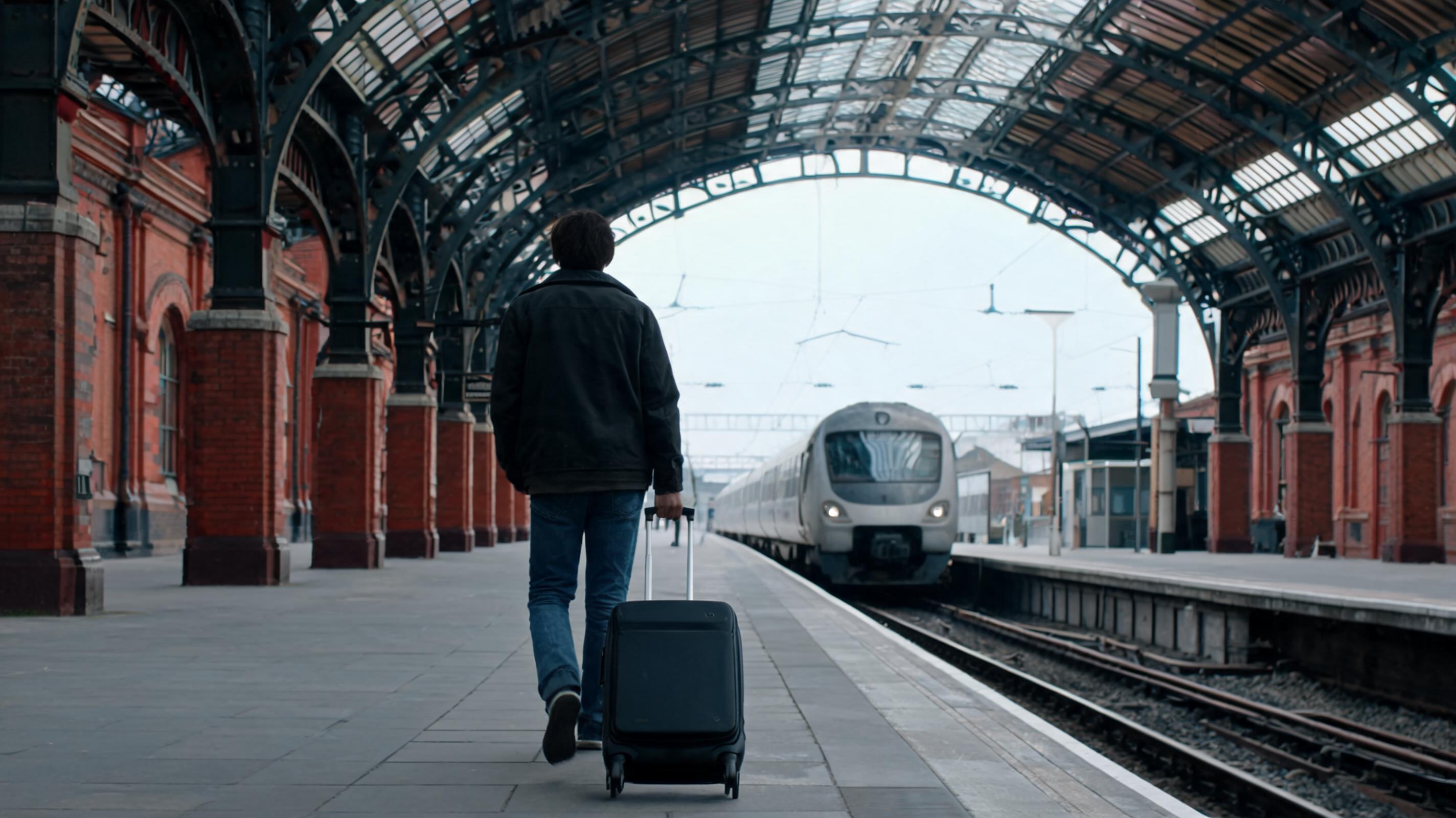 A traveller seen from behind on a covered British railway platform