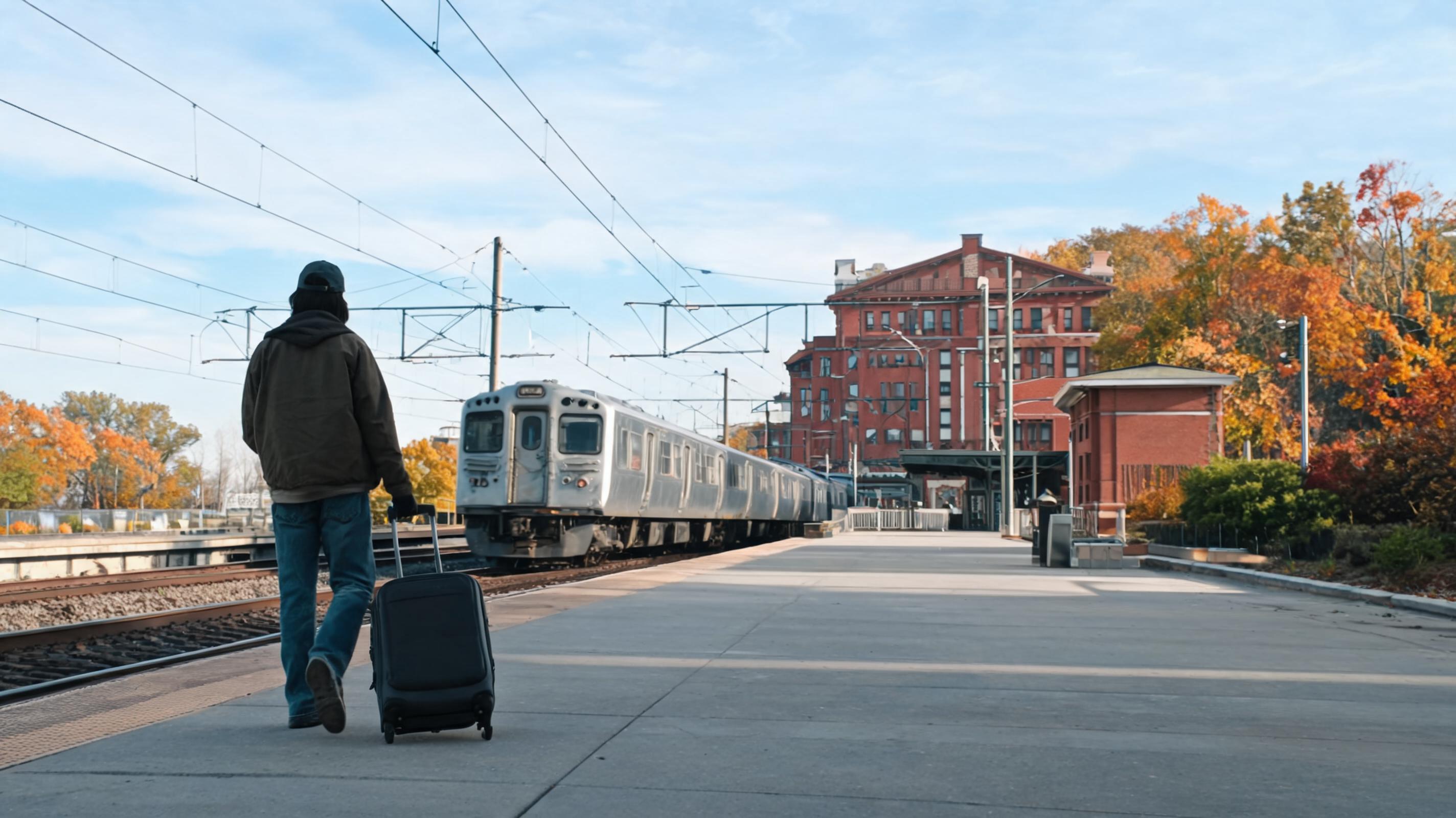 A traveller with a small bag waiting on a Northeast United States rail platform