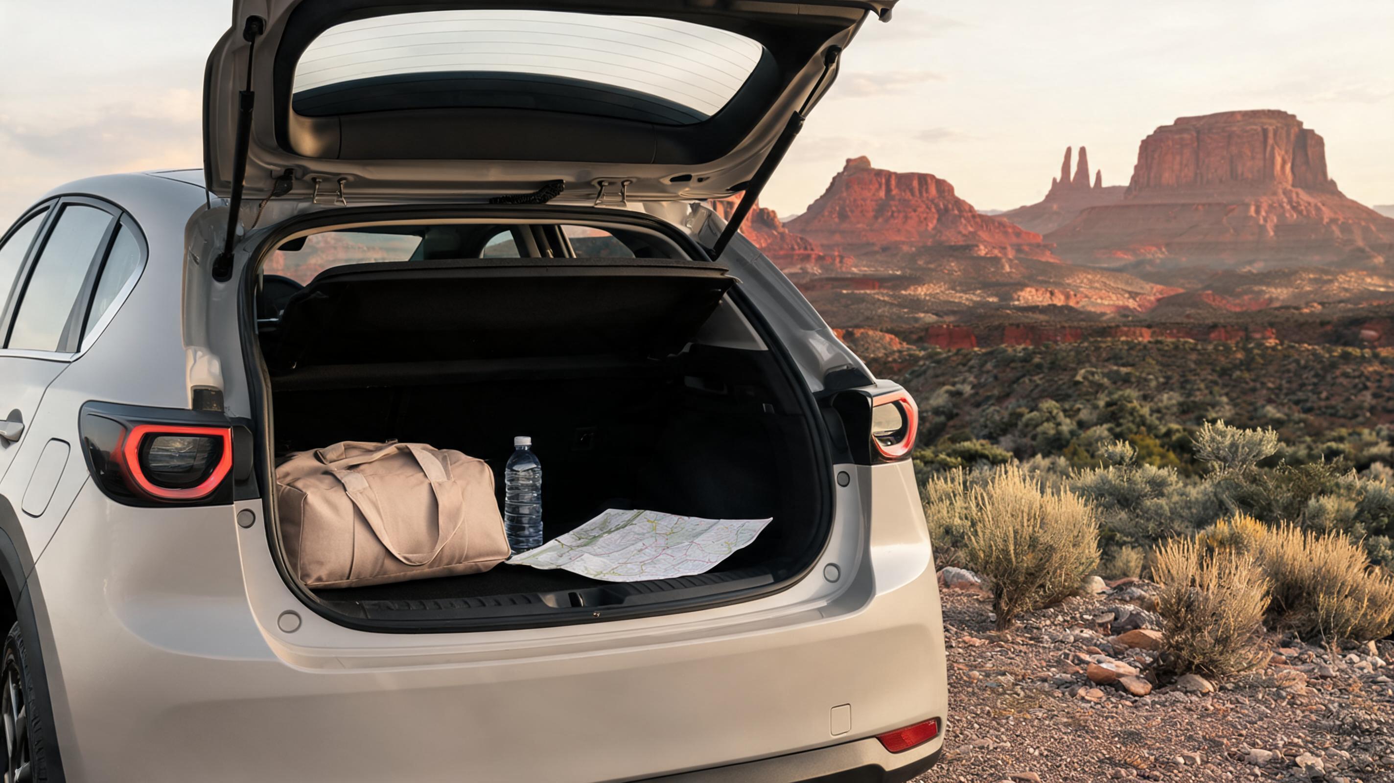 An open car trunk with soft luggage and a folded road map at a scenic stop